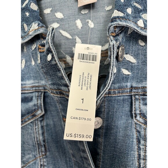 Chicos NWT PEACE LOVE CHIC Embroidered‎ Denim Jean Jacket Size 1 - Picture 9 of 12